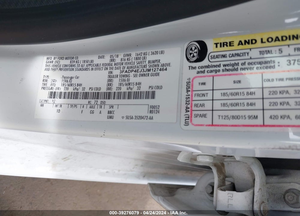 2018 FORD FIESTA SE VIN: 3FADP4EJ3JM127464