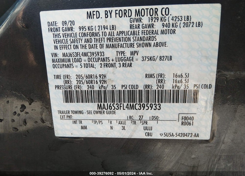2021 FORD ECOSPORT S VIN: MAJ6S3FL4MC395933