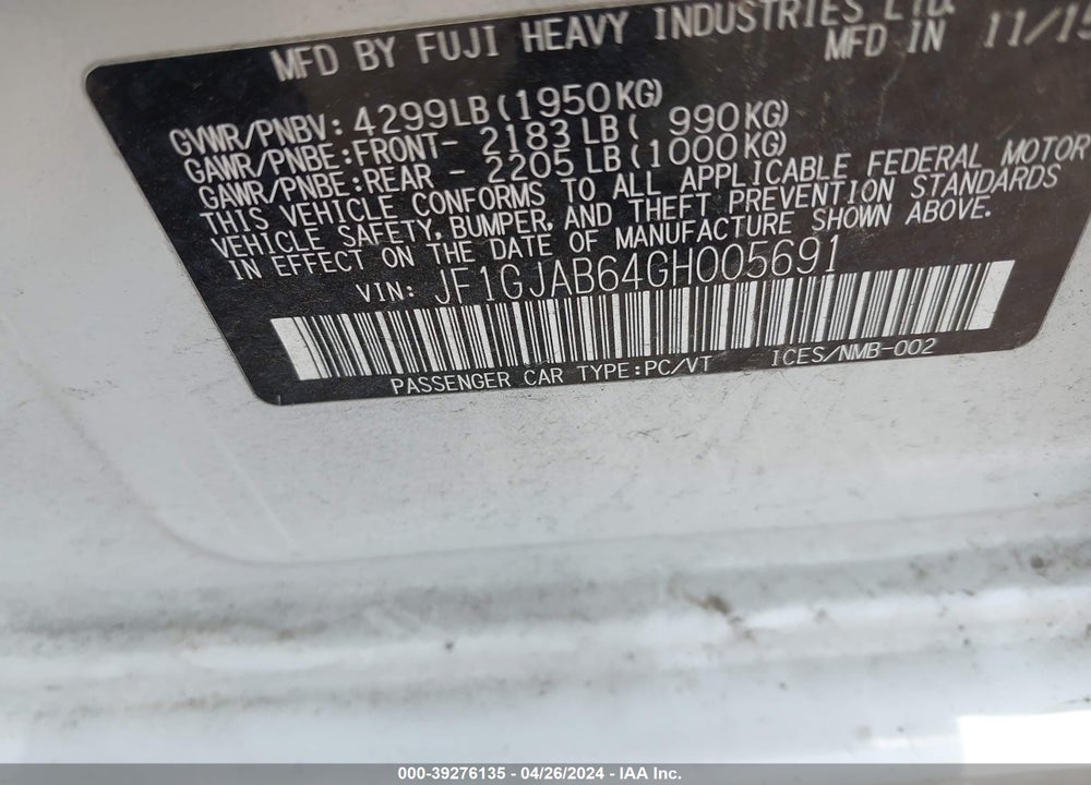 2016 SUBARU IMPREZA 2.0I PREMIUM VIN: JF1GJAB64GH005691