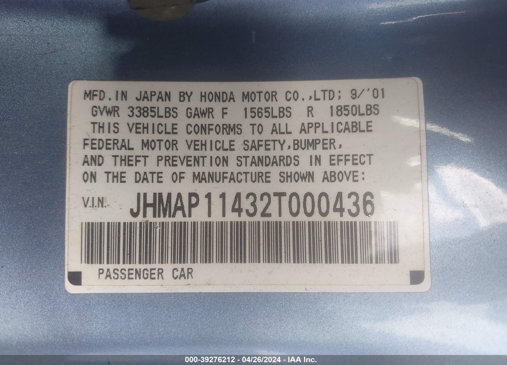 2002 HONDA S2000 VIN: JHMAP11432T000436