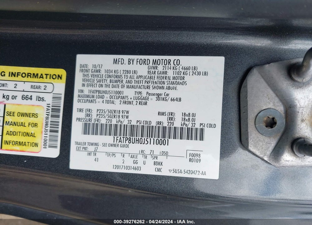 2018 FORD MUSTANG ECOBOOST PREMIUM VIN: 1FATP8UH0J5110001