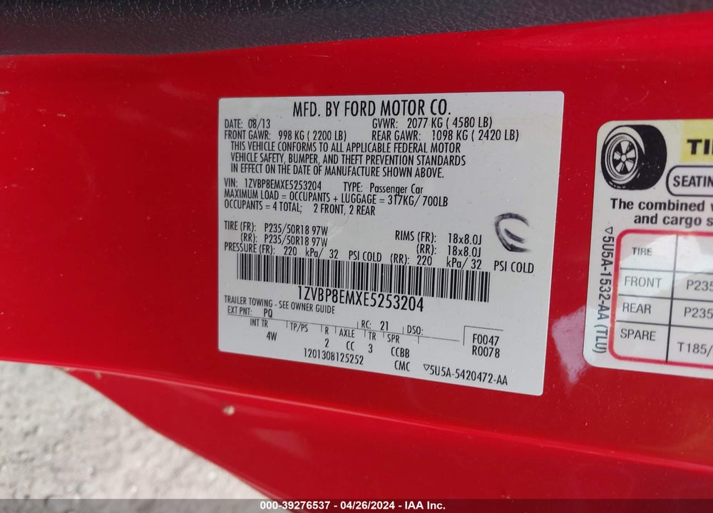 2014 FORD MUSTANG V6 PREMIUM VIN: 1ZVBP8EMXE5253204