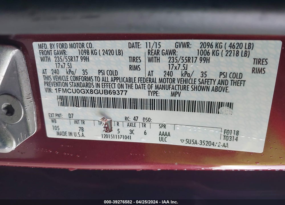 2016 FORD ESCAPE SE VIN: 1FMCU0GX8GUB69377