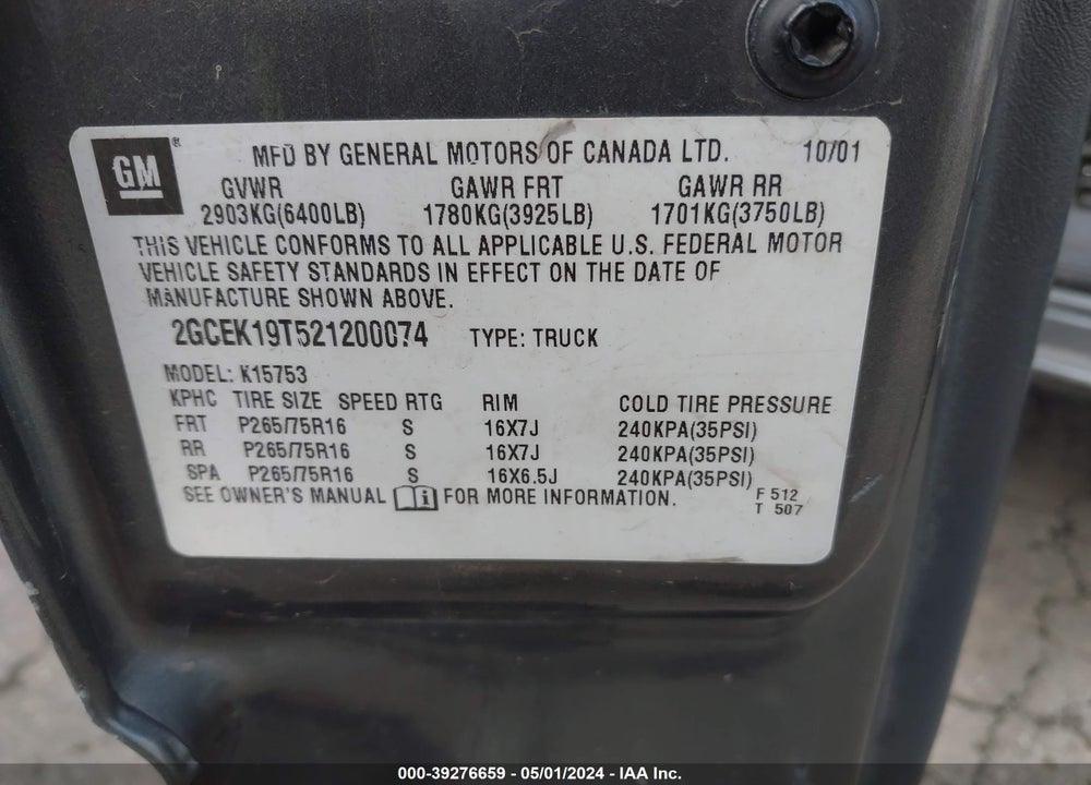 2002 CHEVROLET SILVERADO 1500 LS VIN: 2GCEK19T521200074
