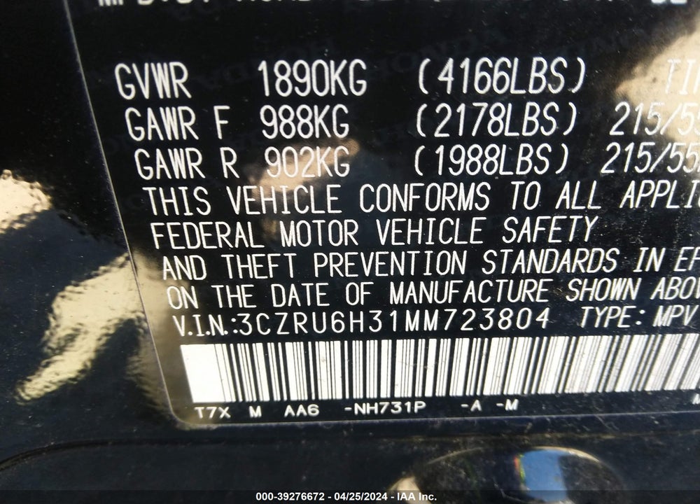 2021 HONDA HR-V AWD LX VIN: 3CZRU6H31MM723804