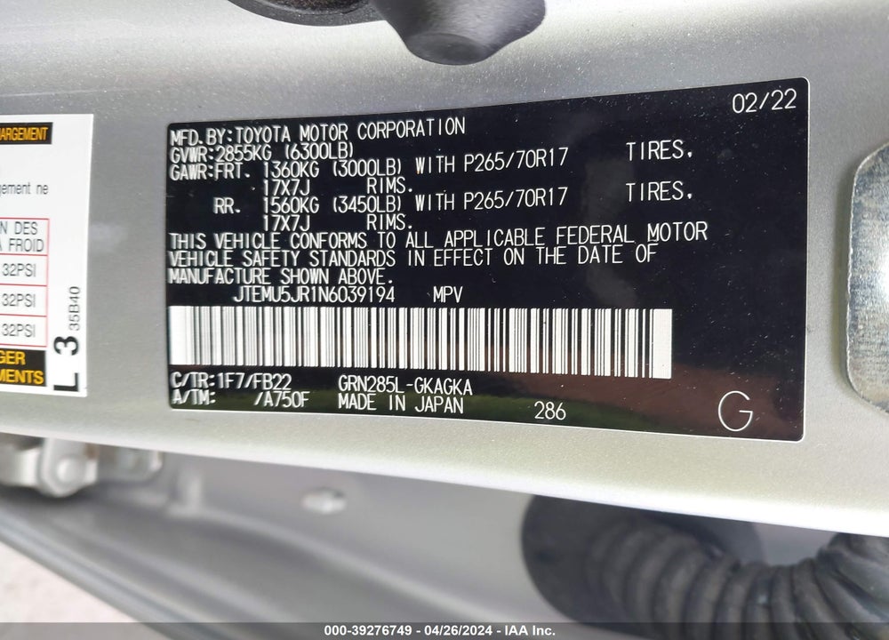 2022 TOYOTA 4RUNNER SR5 VIN: JTEMU5JR1N6039194