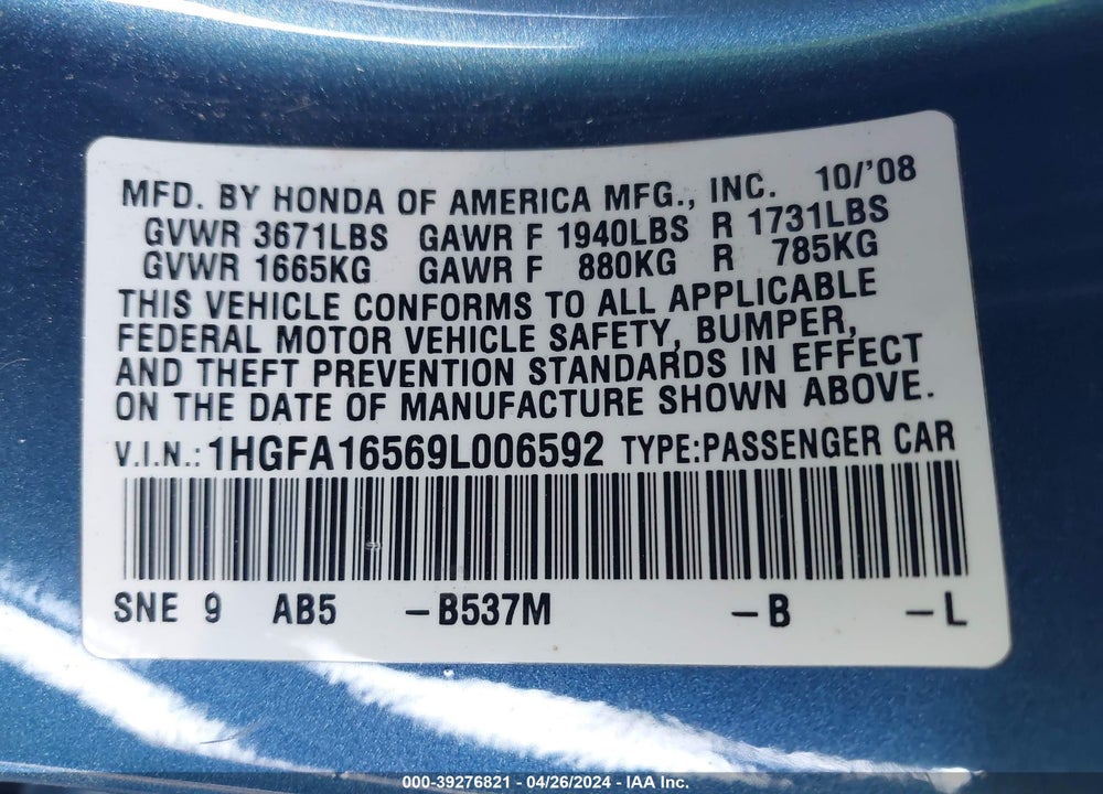 2009 HONDA CIVIC LX VIN: 1HGFA16569L006592