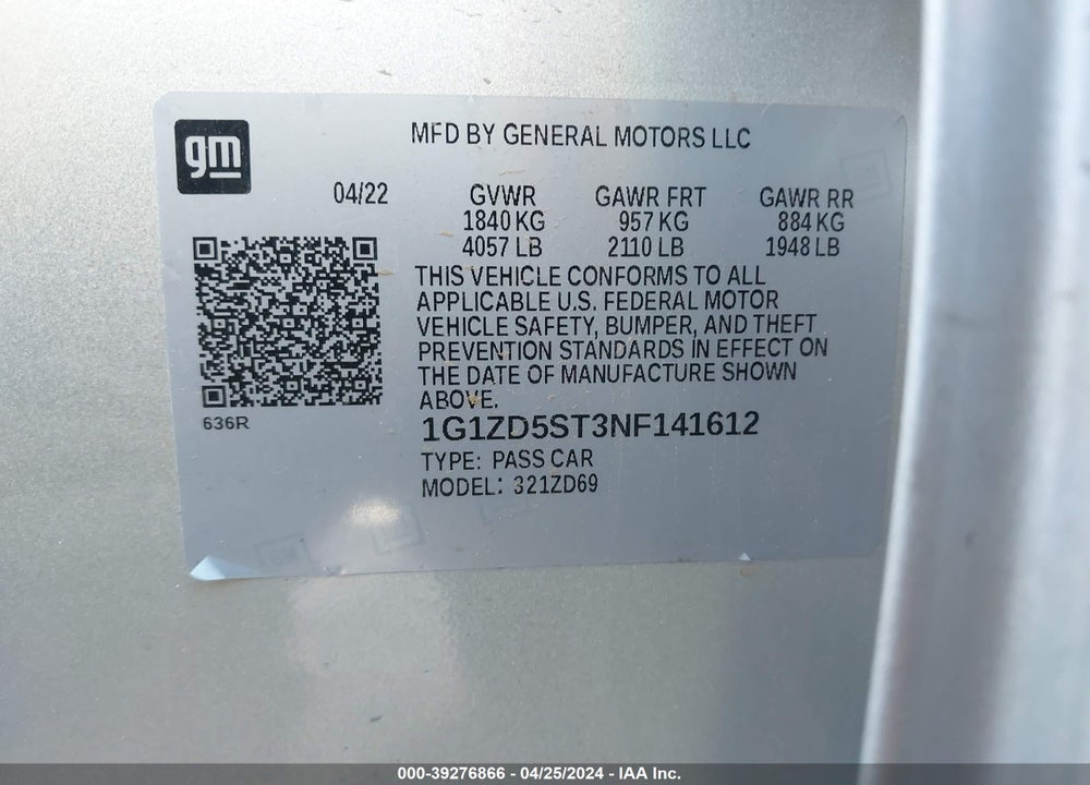 2022 CHEVROLET MALIBU FWD LT VIN: 1G1ZD5ST3NF141612