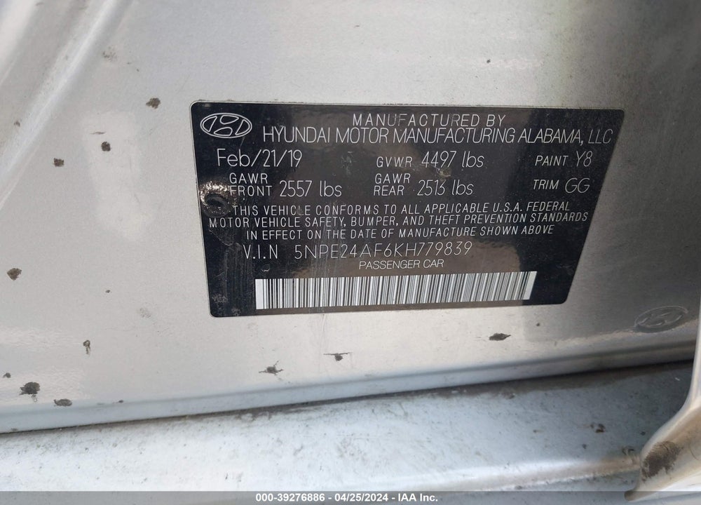 2019 HYUNDAI SONATA SE VIN: 5NPE24AF6KH779839