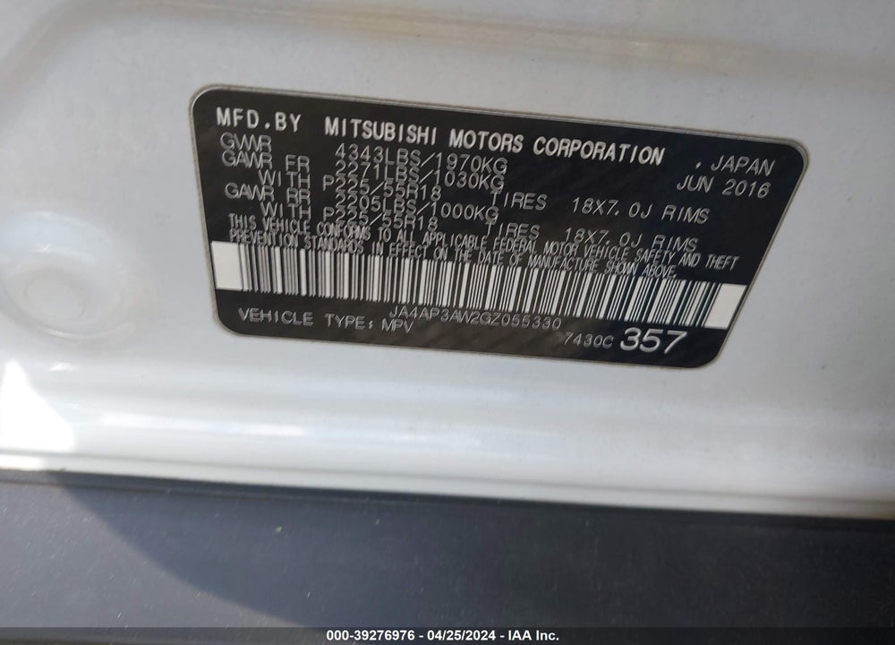 2016 MITSUBISHI OUTLANDER SPORT 2.4 SE VIN: JA4AP3AW2GZ055330