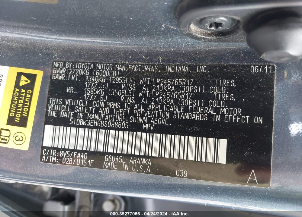 2011 TOYOTA HIGHLANDER BASE V6 VIN: 5TDBK3EH6BS088605