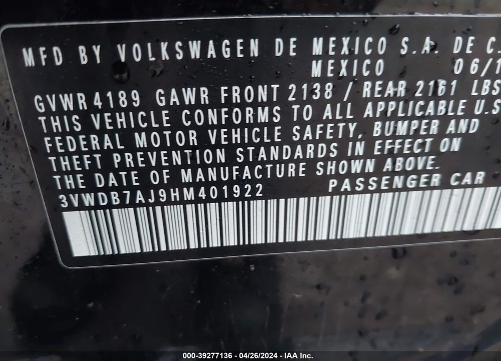 2017 VOLKSWAGEN JETTA 1.4T SE VIN: 3VWDB7AJ9HM401922