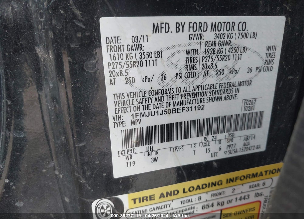 2011 FORD EXPEDITION XLT VIN: 1FMJU1J50BEF31192