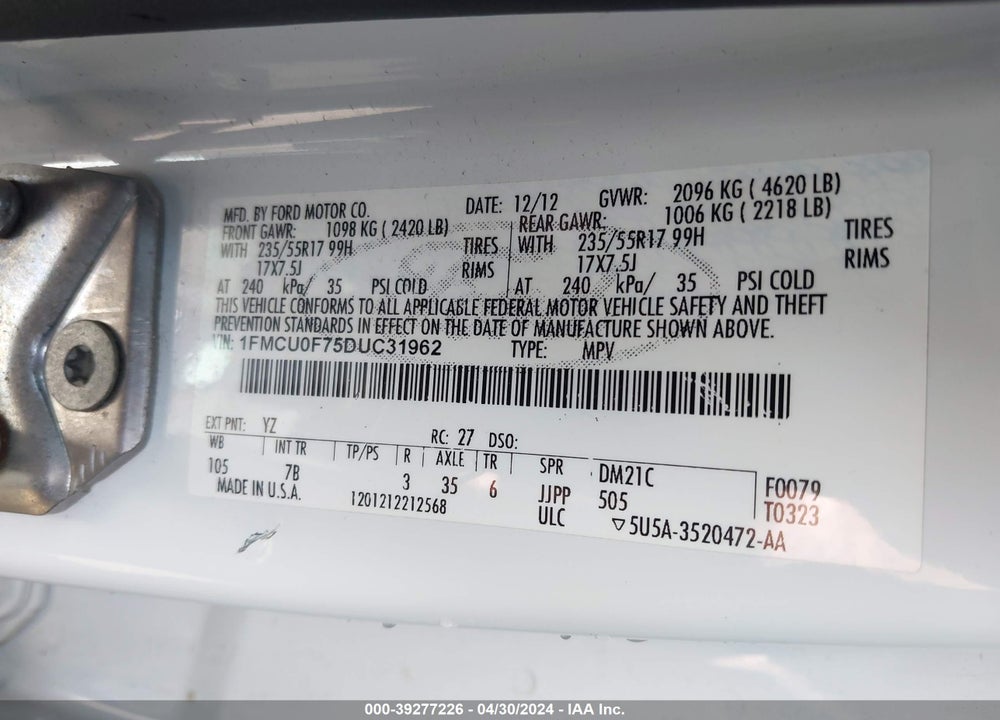 2013 FORD ESCAPE S VIN: 1FMCU0F75DUC31962