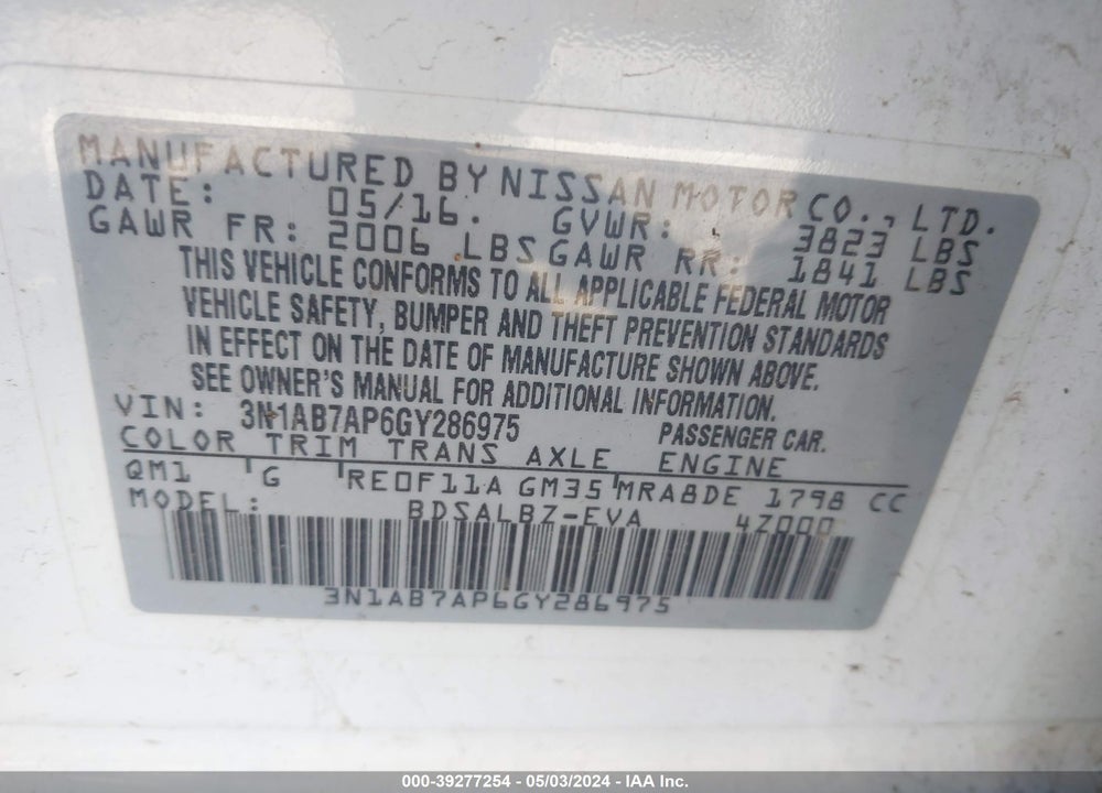 2016 NISSAN SENTRA S VIN: 3N1AB7AP6GY286975
