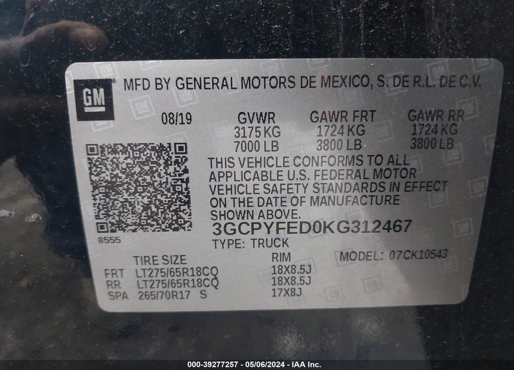 2019 CHEVROLET SILVERADO 1500 LT TRAIL BOSS VIN: 3GCPYFED0KG312467