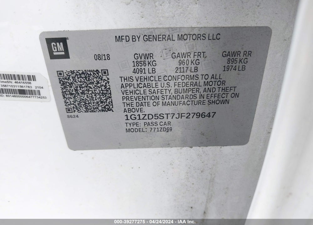 2018 CHEVROLET MALIBU LT VIN: 1G1ZD5ST7JF279647