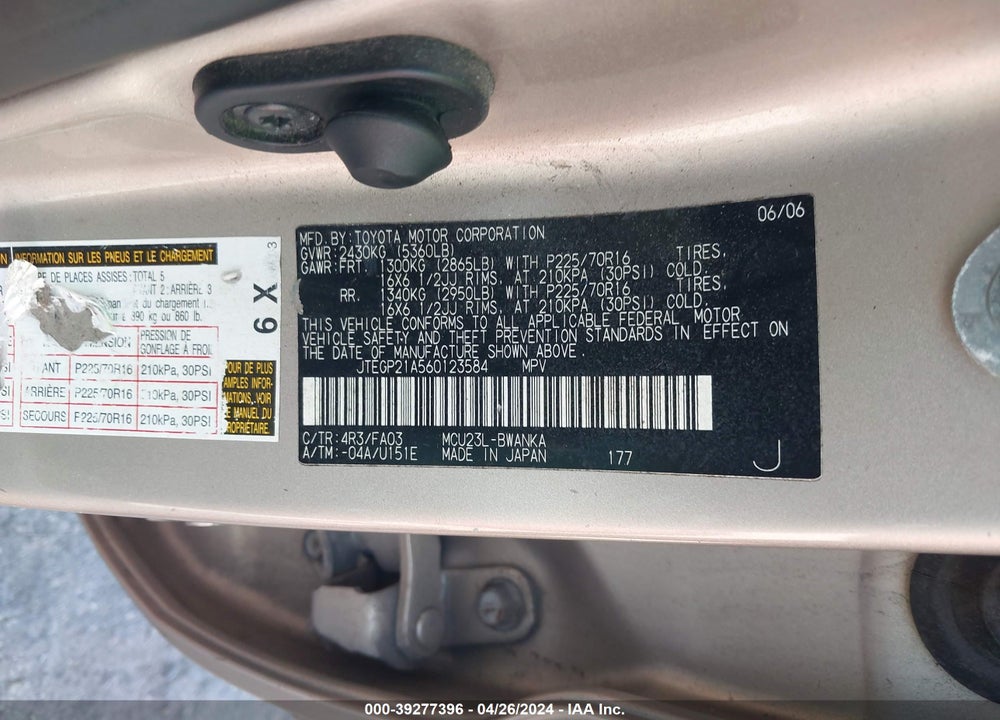 2006 TOYOTA HIGHLANDER V6 VIN: JTEGP21A560123584