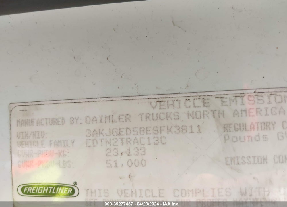 2014 FREIGHTLINER CASCADIA 125 VIN: 3AKJGED58ESFK3811