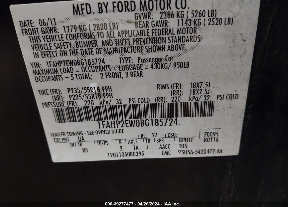 2011 FORD TAURUS SEL VIN: 1FAHP2EW0BG185724