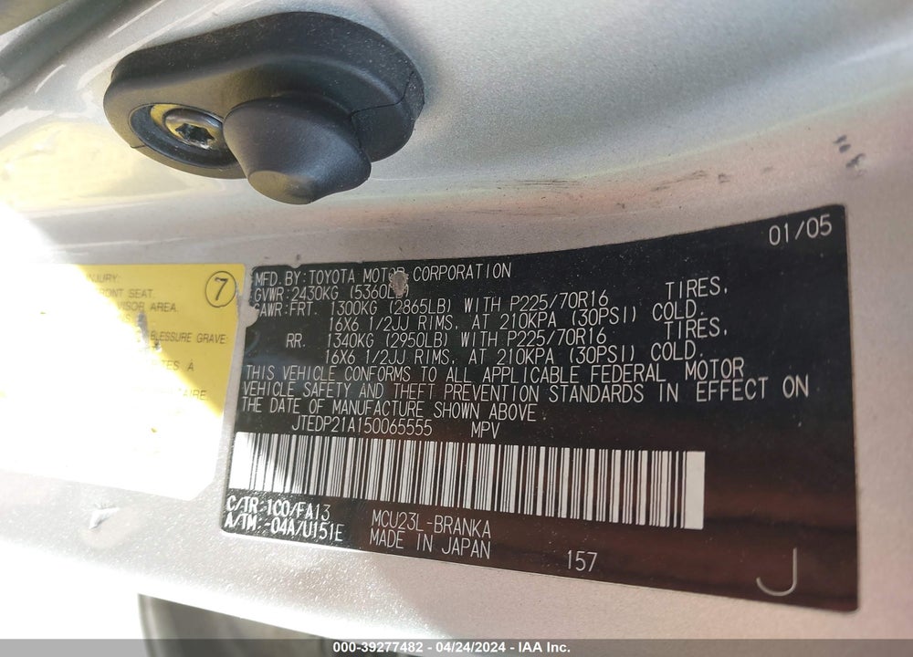 2005 TOYOTA HIGHLANDER V6 VIN: JTEDP21A150065555