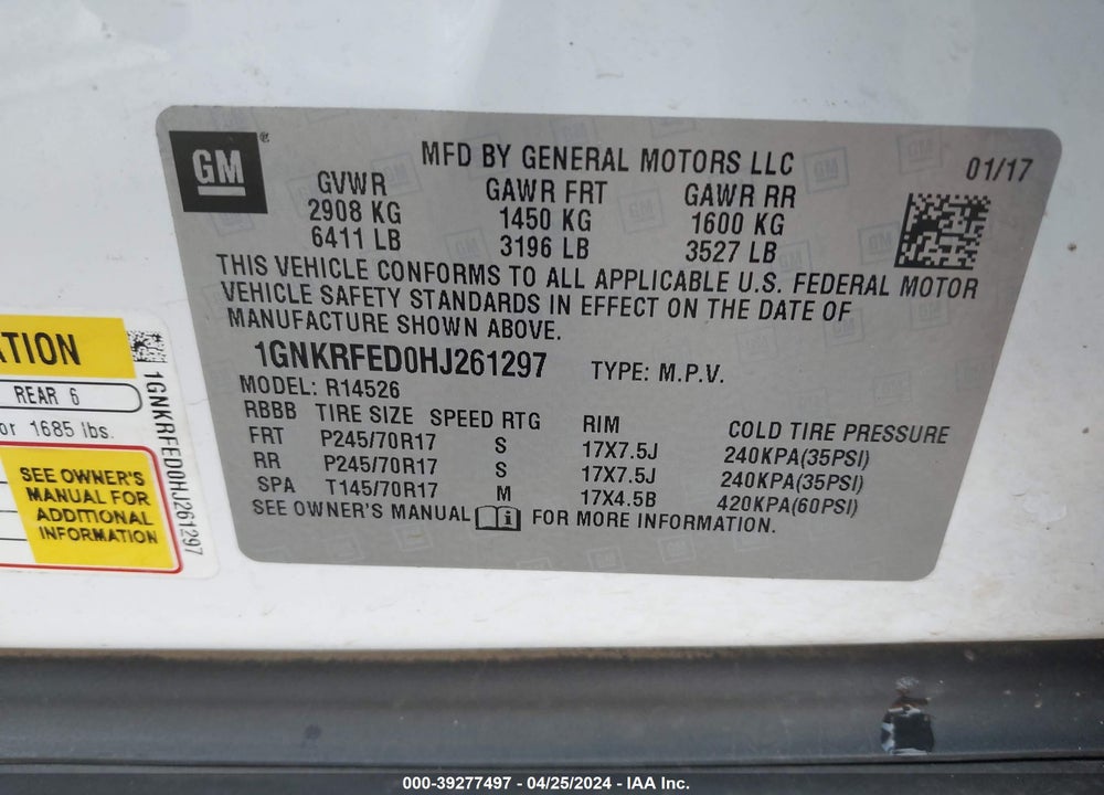 2017 CHEVROLET TRAVERSE VIN: 1GNKRFED0HJ261297