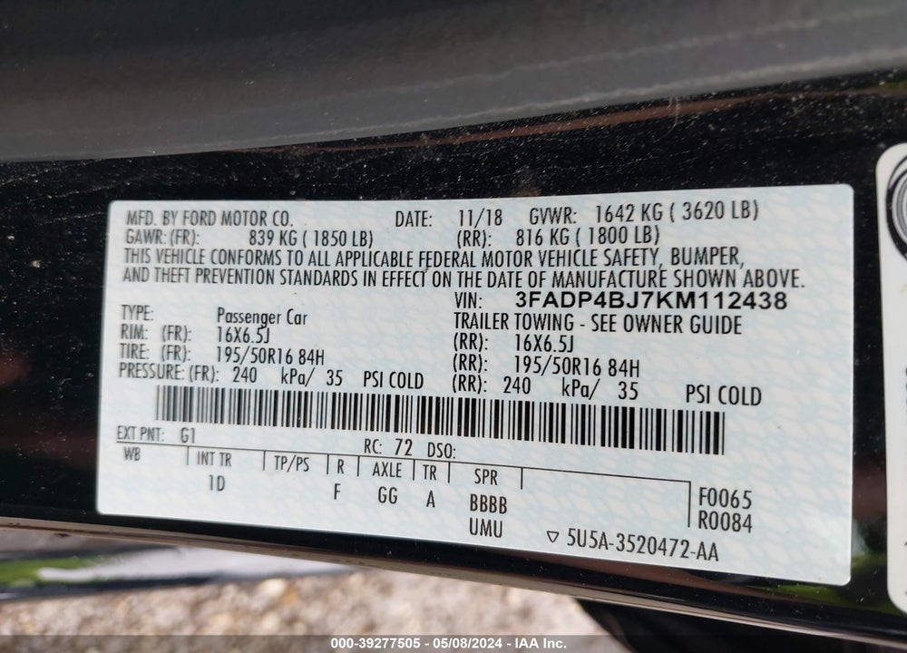 2019 FORD FIESTA SE VIN: 3FADP4BJ7KM112438