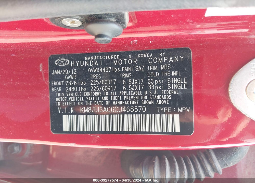 2012 HYUNDAI TUCSON GLS VIN: KM8JU3AC6CU468570