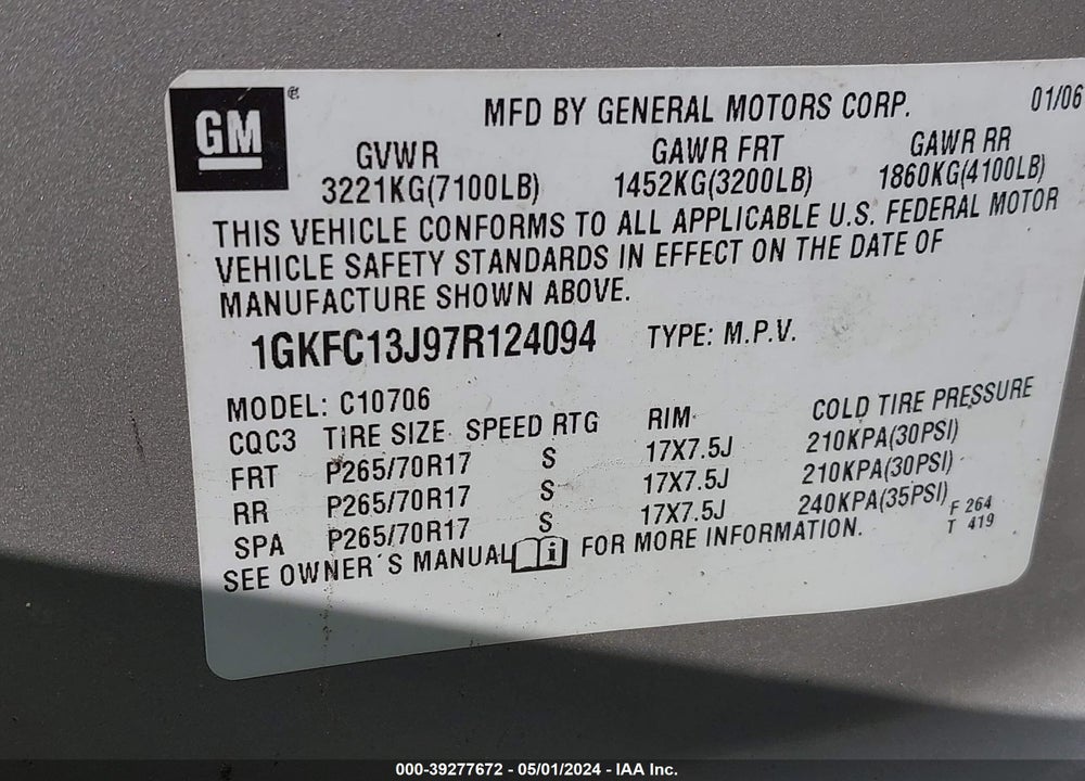2007 GMC YUKON SLE VIN: 1GKFC13J97R124094