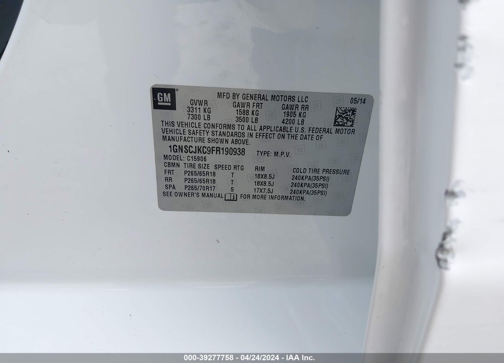 2015 CHEVROLET SUBURBAN 1500 LT VIN: 1GNSCJKC9FR190938