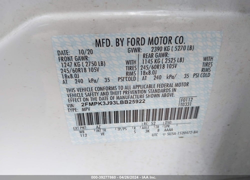 2020 FORD EDGE VIN: 2FMPK3J93LBB25922