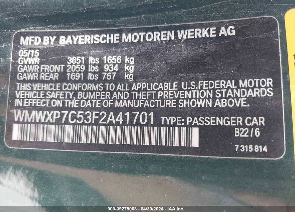 2015 MINI HARDTOP COOPER S VIN: WMWXP7C53F2A41701