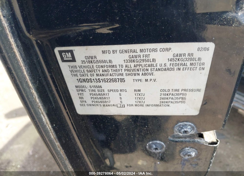 2006 CHEVROLET TRAILBLAZER LT VIN: 1GNDS13S162268705