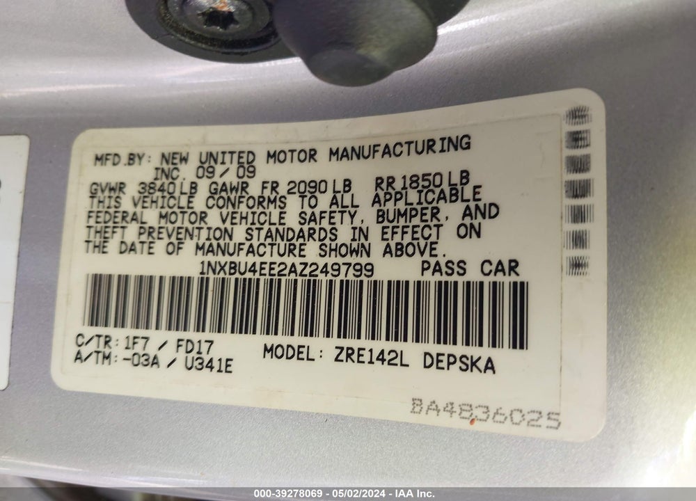 2010 TOYOTA COROLLA S VIN: 1NXBU4EE2AZ249799