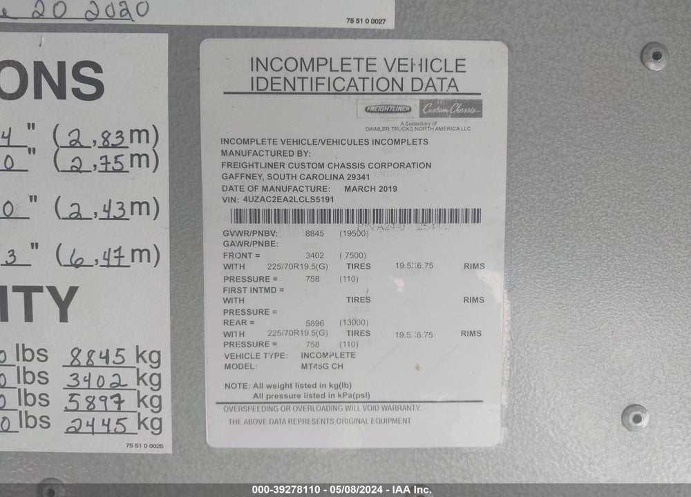 2020 FREIGHTLINER MT45G VIN: 4UZAC2EA2LCLS5191