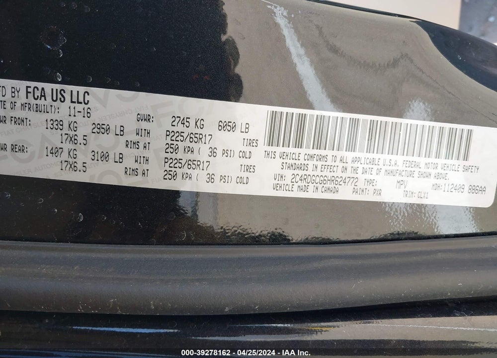 2017 DODGE GRAND CARAVAN SXT VIN: 2C4RDGCG6HR624772
