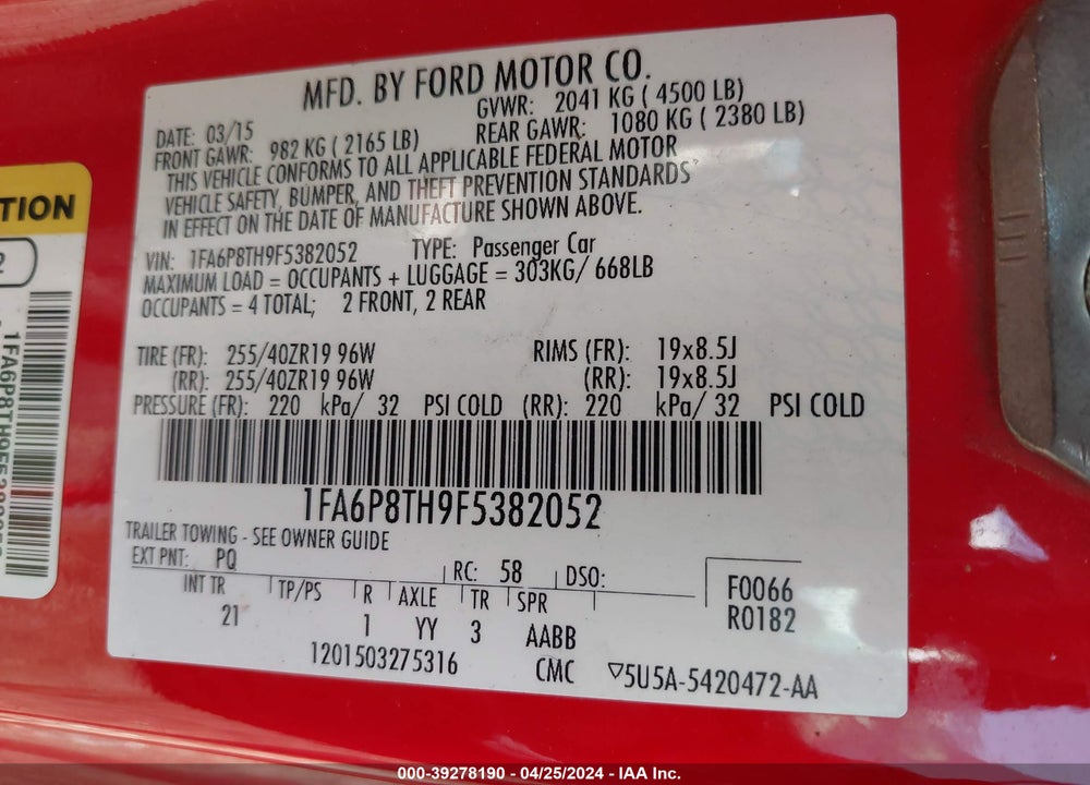 2015 FORD MUSTANG ECOBOOST VIN: 1FA6P8TH9F5382052