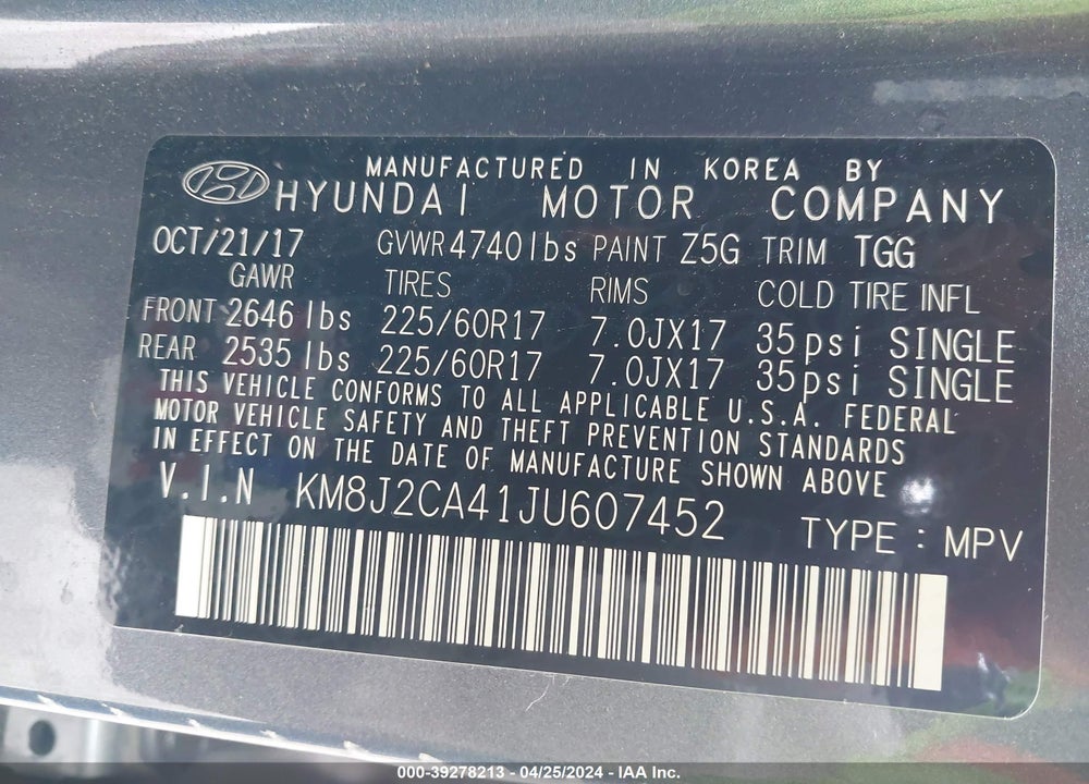 2018 HYUNDAI TUCSON SE VIN: KM8J2CA41JU607452