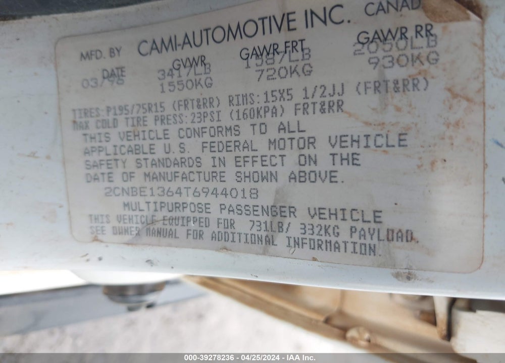 1996 TRACKER GEO VIN: 2CNBE1364T6944018