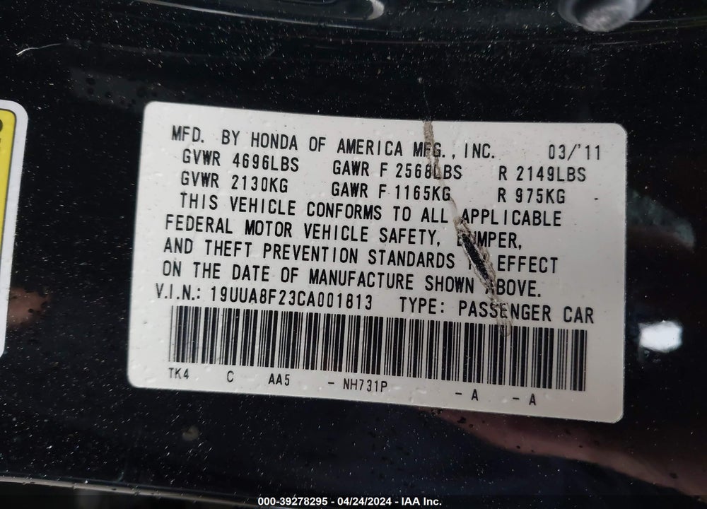 2012 ACURA TL 3.5 VIN: 19UUA8F23CA001813