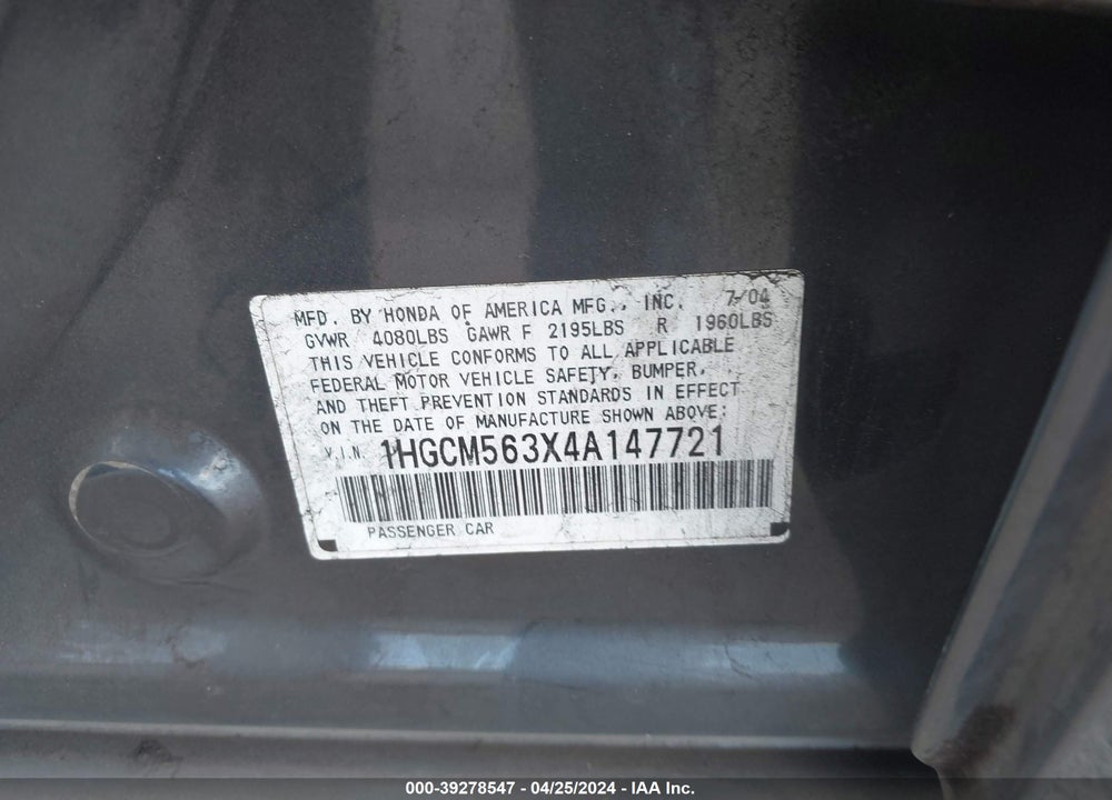2004 HONDA ACCORD 2.4 LX VIN: 1HGCM563X4A147721