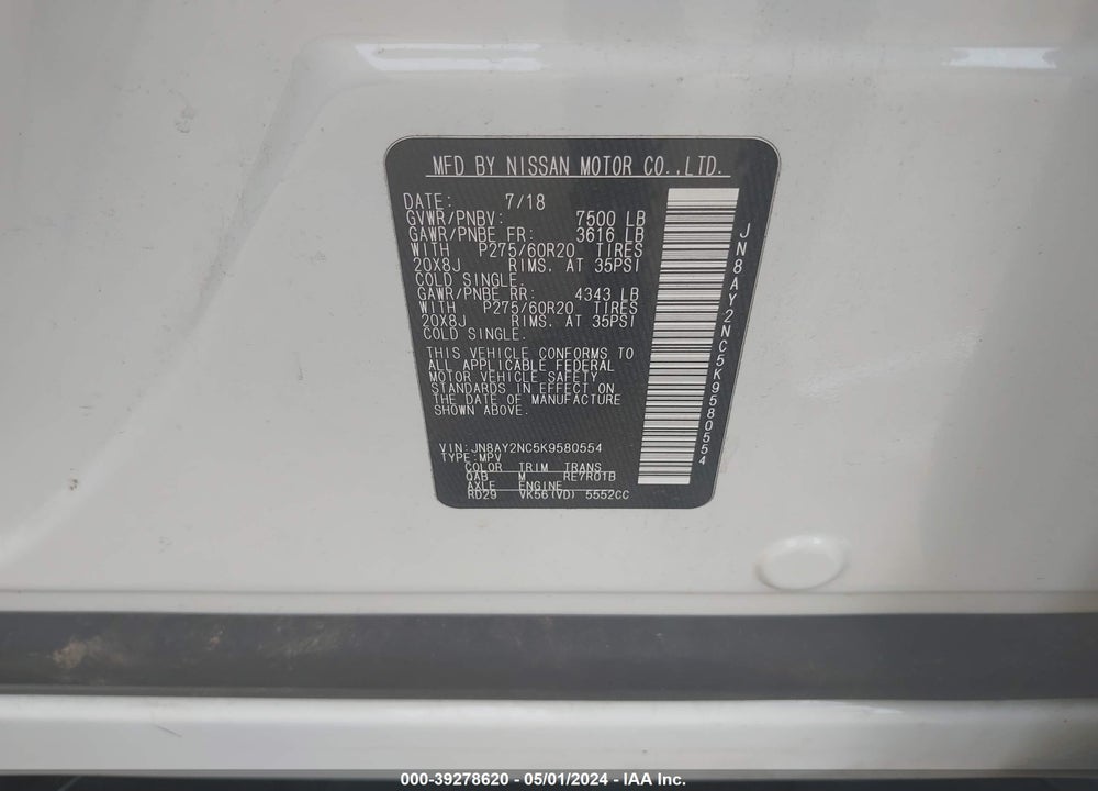 2019 NISSAN ARMADA PLATINUM VIN: JN8AY2NC5K9580554