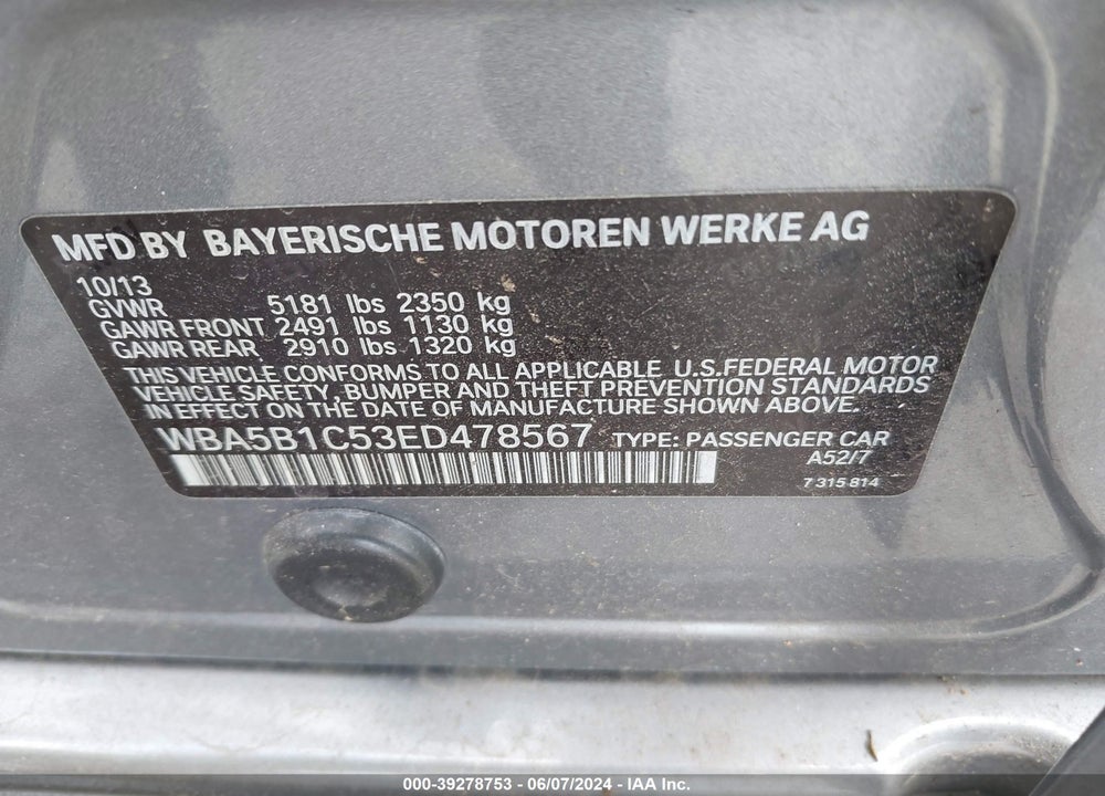 2014 BMW 535I VIN: WBA5B1C53ED478567