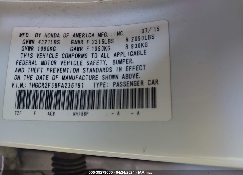 2015 HONDA ACCORD SPORT VIN: 1HGCR2F58FA236191