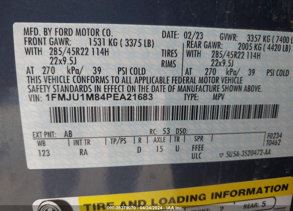 2023 FORD EXPEDITION PLATINUM VIN: 1FMJU1M84PEA21683