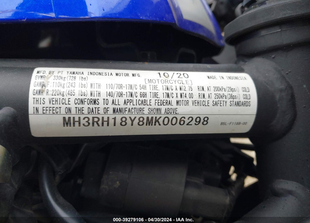 2021 YAMAHA YZFR3 A VIN: MH3RH18Y8MK006298