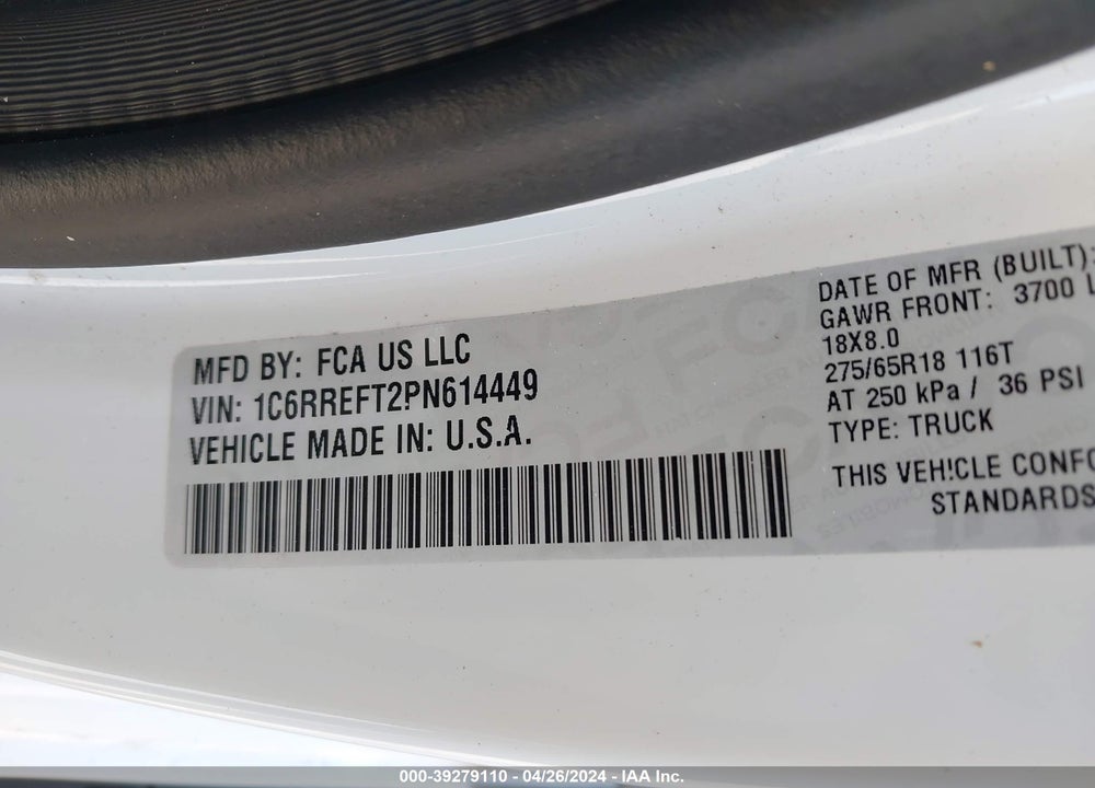 2023 RAM 1500 BIG HORN 4X2 5'7 BOX VIN: 1C6RREFT2PN614449