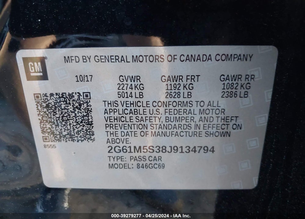 2018 CADILLAC XTS LUXURY VIN: 2G61M5S38J9134794