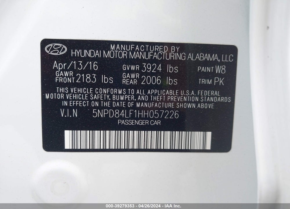 2017 HYUNDAI ELANTRA SE VIN: 5NPD84LF1HH057226