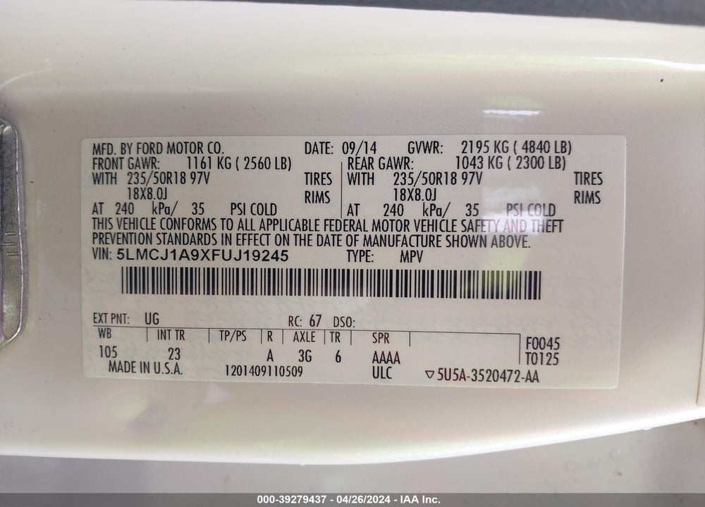 2015 LINCOLN MKC VIN: 5LMCJ1A9XFUJ19245